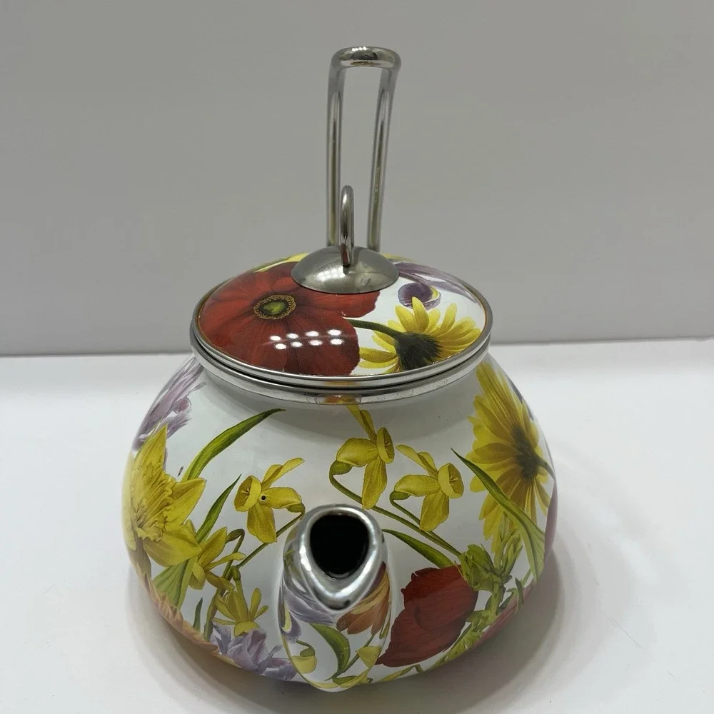Pioneer Woman 2.3 Quart Enameled Metal Tea Pot Retired Floral Garden Lid Country